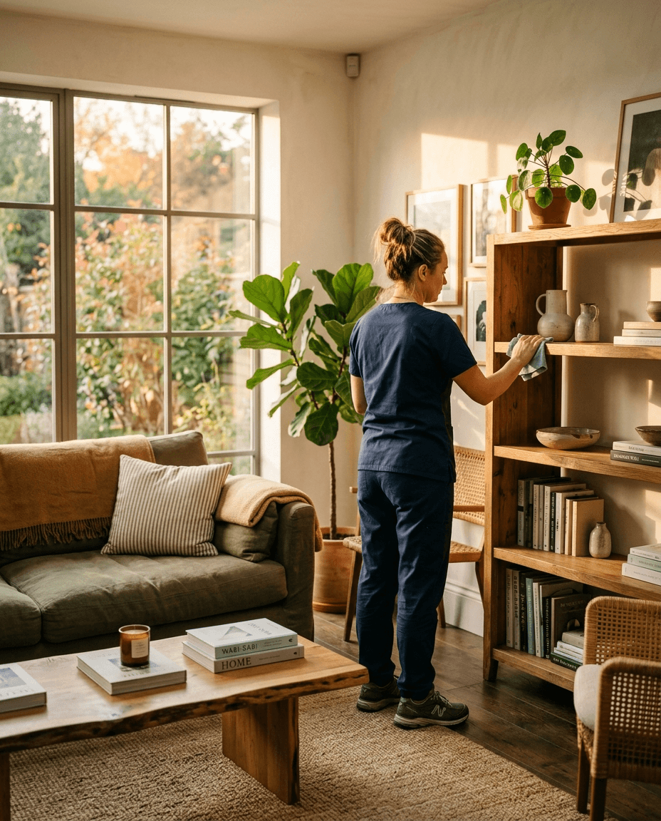 A cleaner dusting open shelving during a living room clean