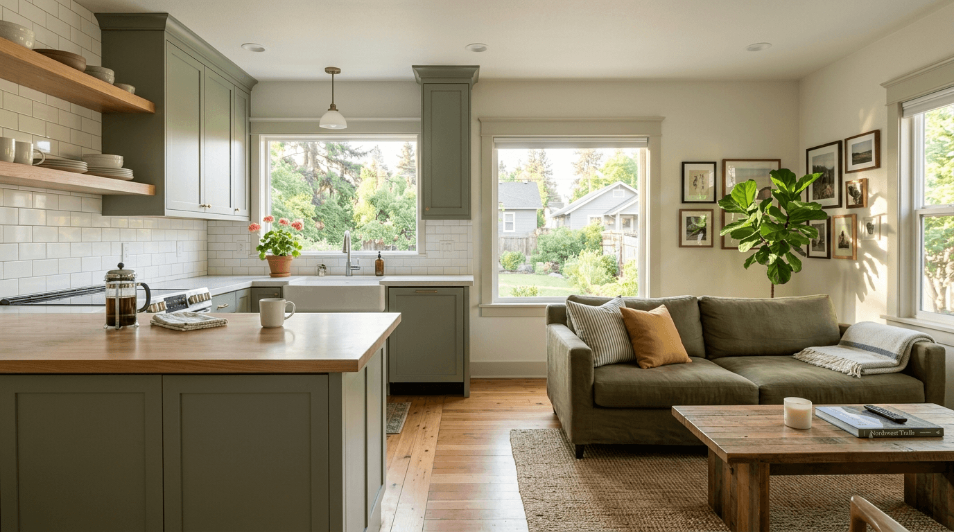 A clean kitchen and living room in morning light