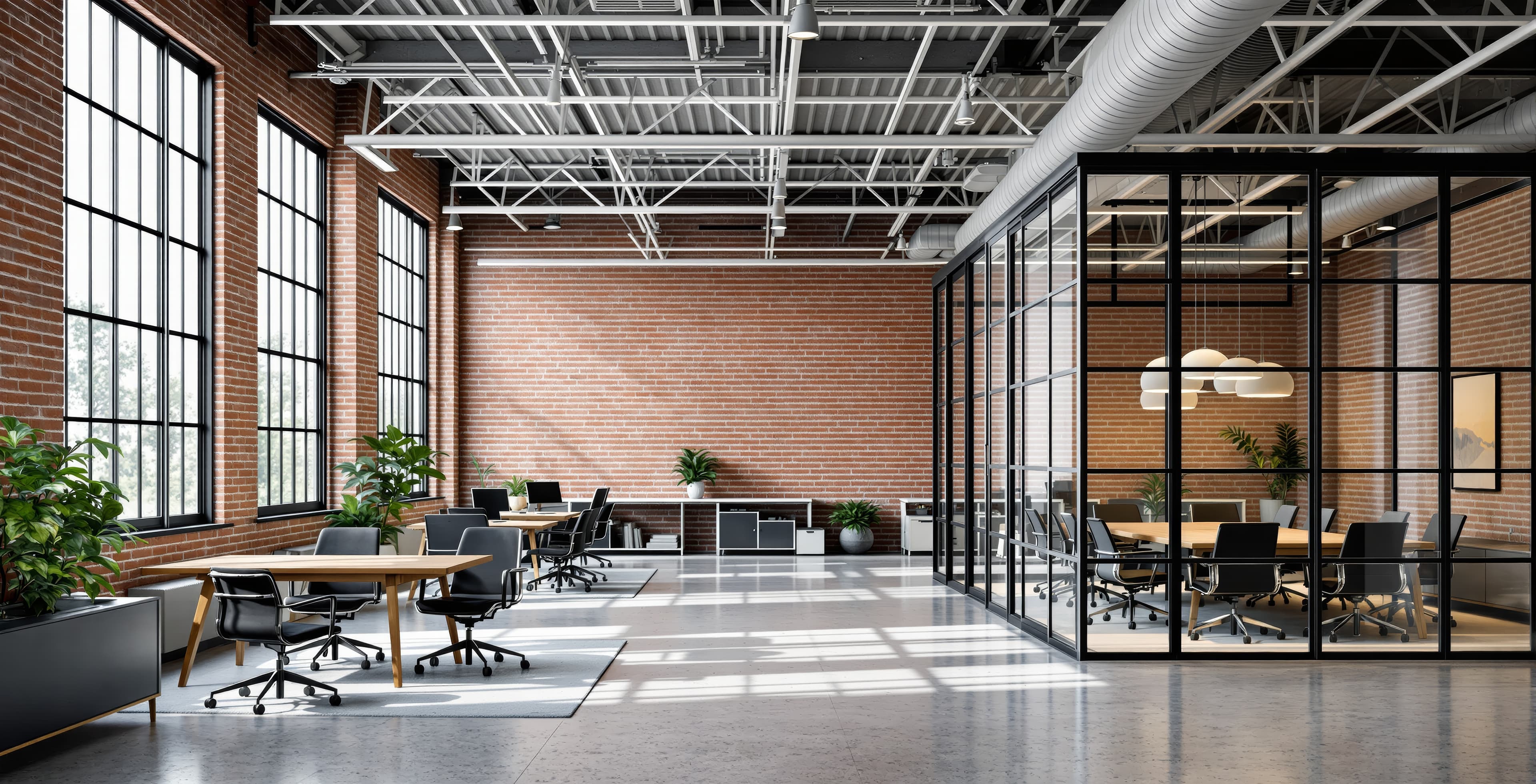 An open-plan office and meeting room after a clean
