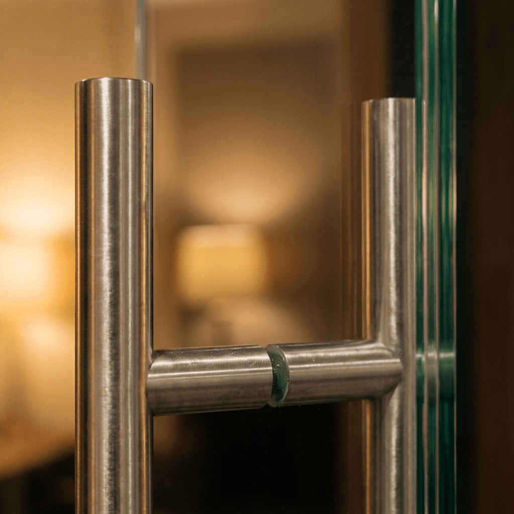 A steel pull handle on a glass office door