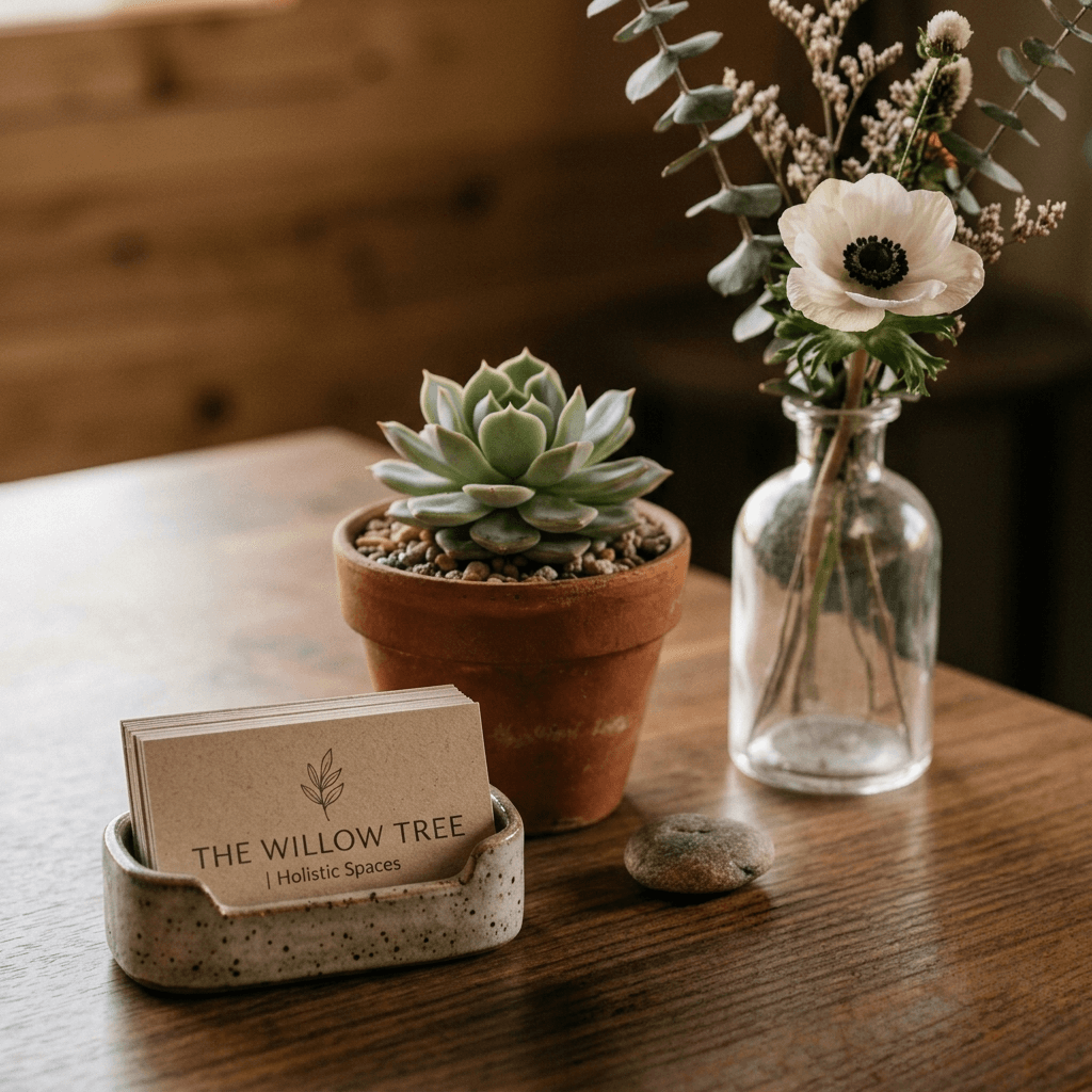 Business cards and a succulent on a reception table