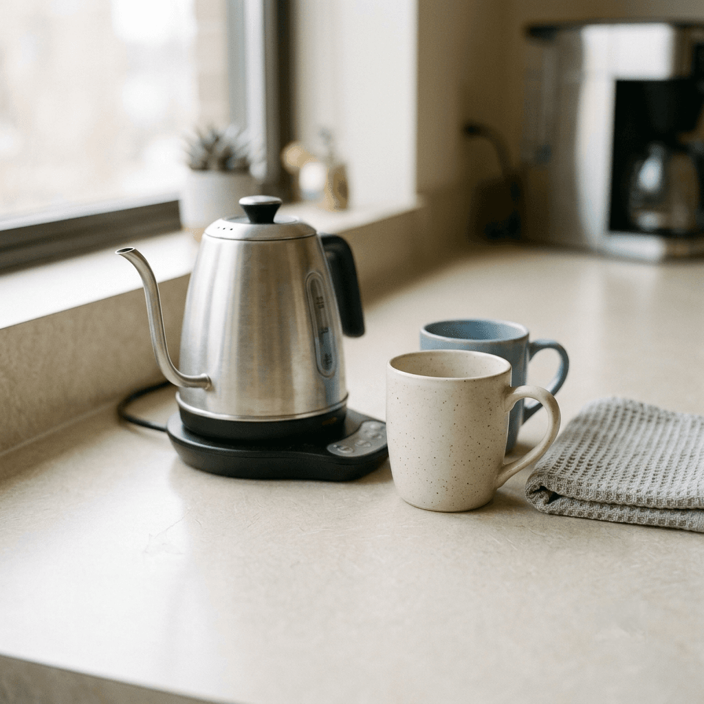 A kettle and mugs on a clean break-room counter