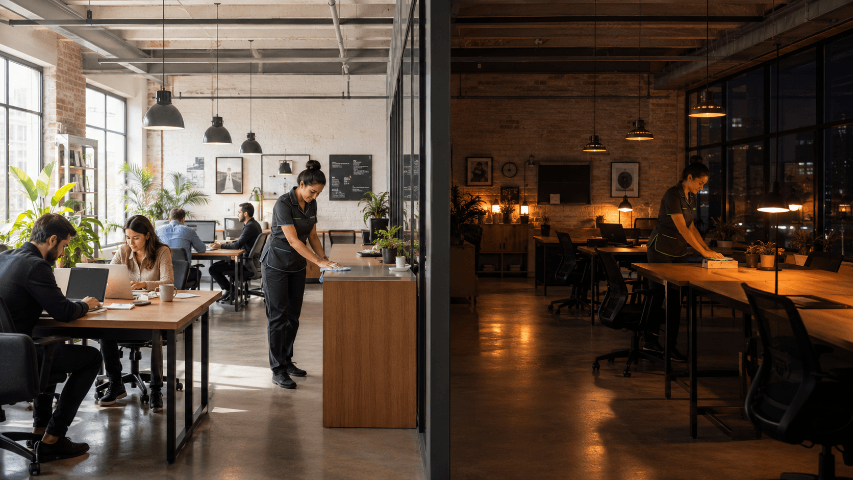 A uniformed cleaner wiping surfaces in a working office, by day and after hours