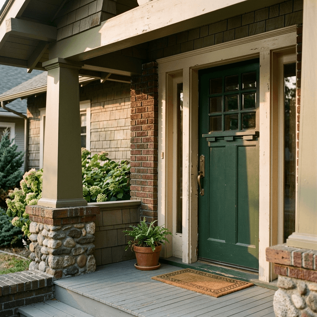 A craftsman porch with a green front door