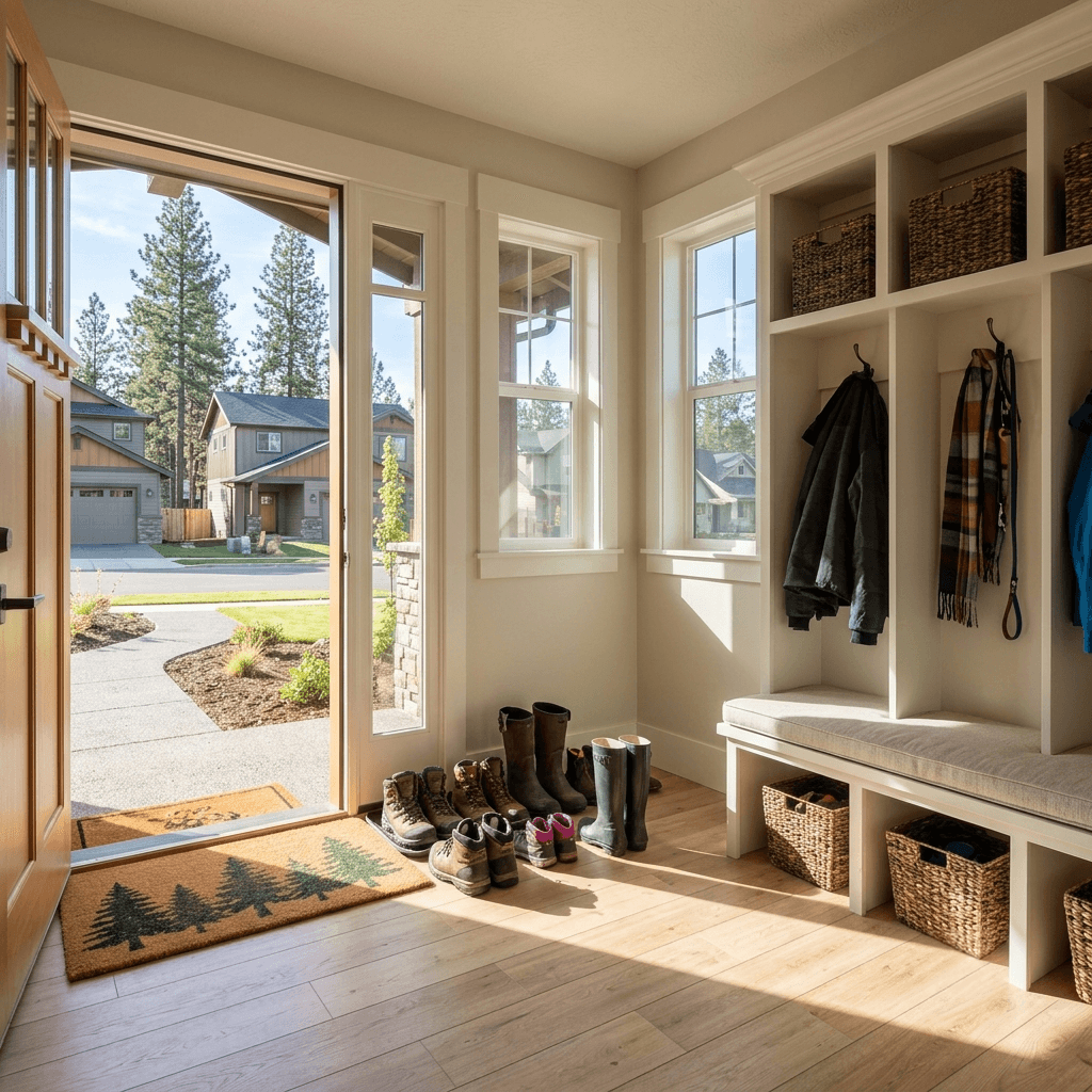Boots by the door on a mudroom bench